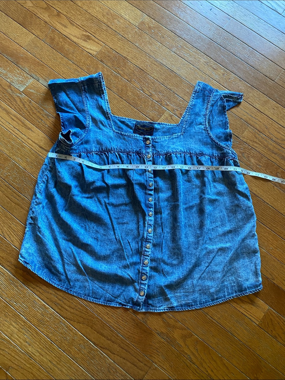 Denim Button-Front Square Neck Top in Blue